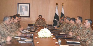 COAS Gen Raheel Sharif presiding over the Corps Commanders Conference at GHQ on Tuesday.