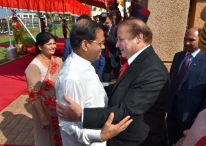 Prime Minister Nawaz Sharif is being received by Maithripala Sirisena, President of Sri Lanka at President Secretariat in Colombo on Tuesday.