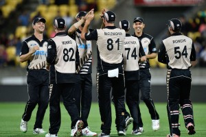 New Zealand players celebrating after taking wicket of a Pakistani player.
