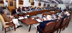 CM KP Pervez Khattak and Cabinet members offering fateha for the martyrs of terrorist incident at Bacha Khan University, Charsadda during a special Cabinet meeting in Peshawar on Thursday.
