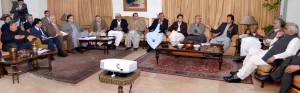 Chairman PTI Imran Khan meeting with party leaders in Peshawar on Monday. CM KPK Pervez Khattak is also present.