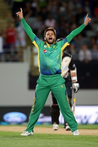 Shahid Afridi celebrates a wicket.