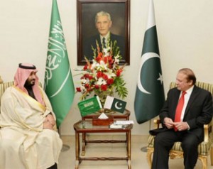 Saudi Defence Minister calls on Prime Minister Nawaz Sharif at PM House in Islamabad on Sunday.