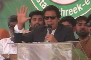 Pakistan Tehreek-i-Insaf Chairman Imran Khan addressing a public gathering in Dera Murad Jamali on Sunday.