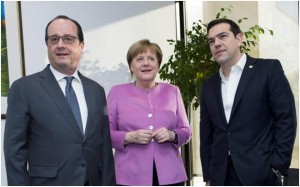 French President Francois Hollande (Left) talking to German Chancellor Angela Merkel (Centre) and Greek Prime Minister Alexis Tsipras (Right) during European  Union leaders’ summit in Brussels, Belgium on Friday.