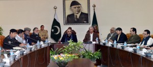 Acting Governor KPK Asad Qaiser during a high level meeting regarding law and order situation at Governor House in Peshawar  on Wednesday. CM KPK Pervez Khattak is also present.