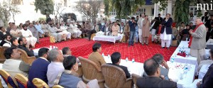 PTI former Punjab organiser, Ch Muhammad Sarwar adderssing party workers in Lahore on Tuesday. - NNI