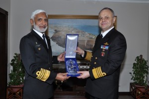 Chief of the Naval Staff, Admiral Muhammad Zakaullah presenting souvenir to Admiral Bulent Bostanoglu who called on him at Naval Headquarters in Islamabad on Monday.