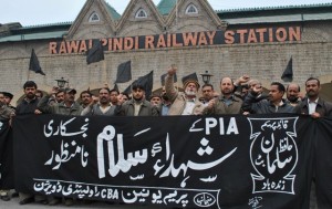 A protest demonstration being staged against privatisation of PIA  outside of Rawalpindi Railway Station under the leadership of Prem Union CBA President, Dr Ishtiaq Irfan.