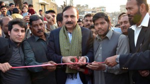 Minister of State for Capital Administration & Development Division, Dr. Tariq Fazal Chaudhry cutting a ribbon for laying foundation stone for the construction  of Sohan Bridge in Islamabad on Sunday.