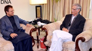 Ambassador of Afghanistan Dr Omar Zakhilwal in a meeting with Chief Minister KPK Pervez Khattak in Peshawar on Sunday. - DNA