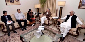 CM KP Pervez Khattak talking to a delegation of Asian Development Bank at KP House in Islamabad.
