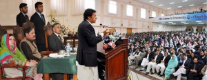Chairman PTI Imran Khan delivering a lecture to students on Leadership in Peshawar University on Thursday.