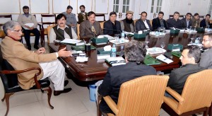 CM KPK Pervez Khattak presiding over a meeting in Peshawar on Monday. - NNI