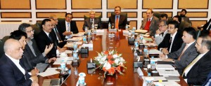 Federal Minister for Petroleum and Natural Resources, Shahid Kahqan Abbasi holding talks with a delegation from ‘Saudi ARAMCO’ in Islamabad on Friday.
