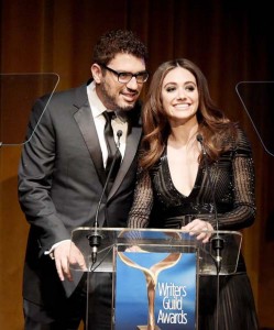 Sam Esmail and Emmy Rossum speak onstage during 2016  Writers Guild Awards New York Ceremony the Edison Ballroom.