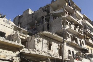 A damaged building is pictured after an airstrike on the rebel held al-Fardous neighbourhood of Aleppo