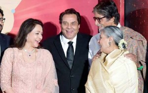 DHARMENDRA, HEMA MALINI, AMITABH AND JAYA  BACHCHAN DURING THE LAUNCH OF ACTRESS AND MP HEMA MALINIS MUSIC ALBUM DREAM GIRL, IN MUMBA. 