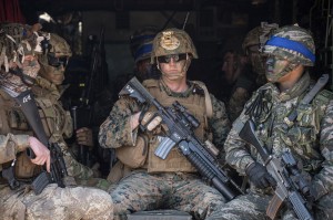  South Korean and American troops sitting in a vehicle during annual joint military manoeuvres being held in South Korea.