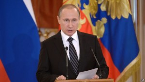  Russian President Vladimir Putin addressing military officials in Kremlin on Thursday.-AP