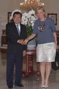  Princess Astrid of Belgium is shaking hand with the Indonesian Vice President Yusuf Kala in Jakarta.-AFP
