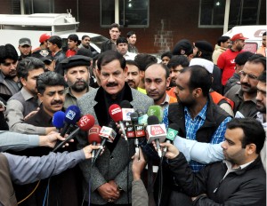 KP Special Assistant to CM on Information Mushtaq Ahmad Ghani briefing media in Peshawar on Wednesday. 