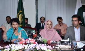 Minister of State for Health Services, Regulation and Coordination Saira Afzal Tarar addressing a press conference with Deputy Global Chief Global Alliance for Vaccine and immunization Anuradha Gupta in Islamabad.