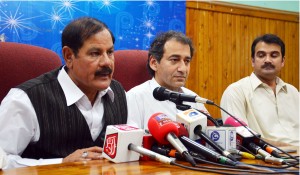 KPK Minister for Education Muhammad Atif and Special Assistant to CM on Information Mushtaq Ahmad Ghani addressing joint press conference at Peshawar Press Club on Wednesday.
