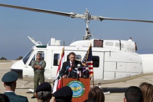 U.S. Charge d'Affaires and Interim Ambassador Richard H. Jones speaking during a ceremony  to review three Huey II helicopters donated by the United States to the Lebanese armed  forces at  Beirut air base on Thursday. 