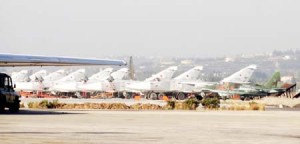 A general view shows Russian fighter jets on the tarmac at the Russian Hmeimim military base in Latakia province, in the northwest of Syria, on February 16, 2016.                            Russia launched air strikes in support of Syria's government in September 2015.  / AFP / STRINGER        (Photo credit should read STRINGER/AFP/Getty Images)