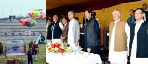 CM KP Pervez Khattak announcing formal inauguration of All Pakistan Inter University Athletic Championship organised by University of Peshawar at Qayyum Stadium in Peshawar on Tuesday.
