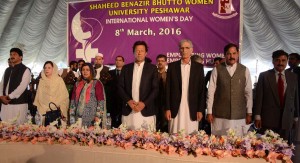 PTI Chairman Imran Khan shares stage with CM KP Pervez Khattak and others during International Women’s Day celebrations at Benazir Bhutto Women’s University in Peshawar. 