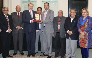 President ICCI, Atif Ikram Shaikh presenting a shield to Ambassador of Belgium Frederic Verheyden in ICCI Head Office in Islamabad on Monday.-DNA