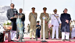 President Mamnoon Hussain addressing the Pakistan Day Parade in Islamabad on Wednesday. Defence Minister, Chairman Joint Chiefs of Staff Committee and Services Chiefs are also present.