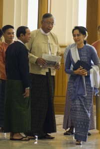 Speaker of the Myanmar Lower House, Win Myint and Pro-democracy leader Aung San Suu Kyi are coming to the Lower House in Naypyidaw. - AFP