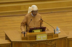 Newly elected President of Myanmar Htin Kyaw delivering first speech at the Parliament during  his swearing in ceremony in Nanypyidaw.