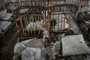 A doll is seen amongst beds at a kindergarten in the abandoned city of Pripyat near the Chernobyl nuclear power plant in Ukraine. Deadly radiation still spews from Chernobyl 30 years after the worst nuclear meltdown in  history, as a newly built giant arch is pulled into place to cover the stricken reactor for the next century.-Reuters