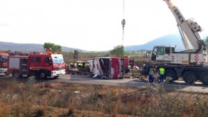 A view of the bus that met with an accident in Catalonia  region of Spain on Sunday.
