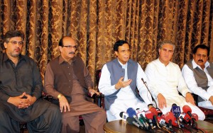 Pakistan Muslim League senior leader and former Deputy Prime Minister, Chaudhary Pervez Elahi talking to media after a meeting with PTI senior leader, Shah Mehmood Qureshi in Lahore on Thursday.
