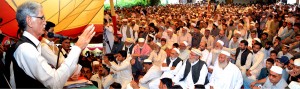 KPK Chief Minister Pervez Khattak addressing a public gathering at Khwaishgi, District Nowshera on Sunday.