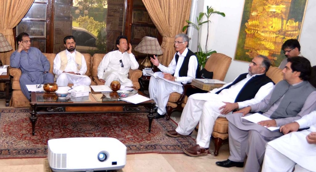 KPK Chief Minister Pervez Khattak talking to a meeting of joint parties on CPEC at CM House in Peshawar on Monday.