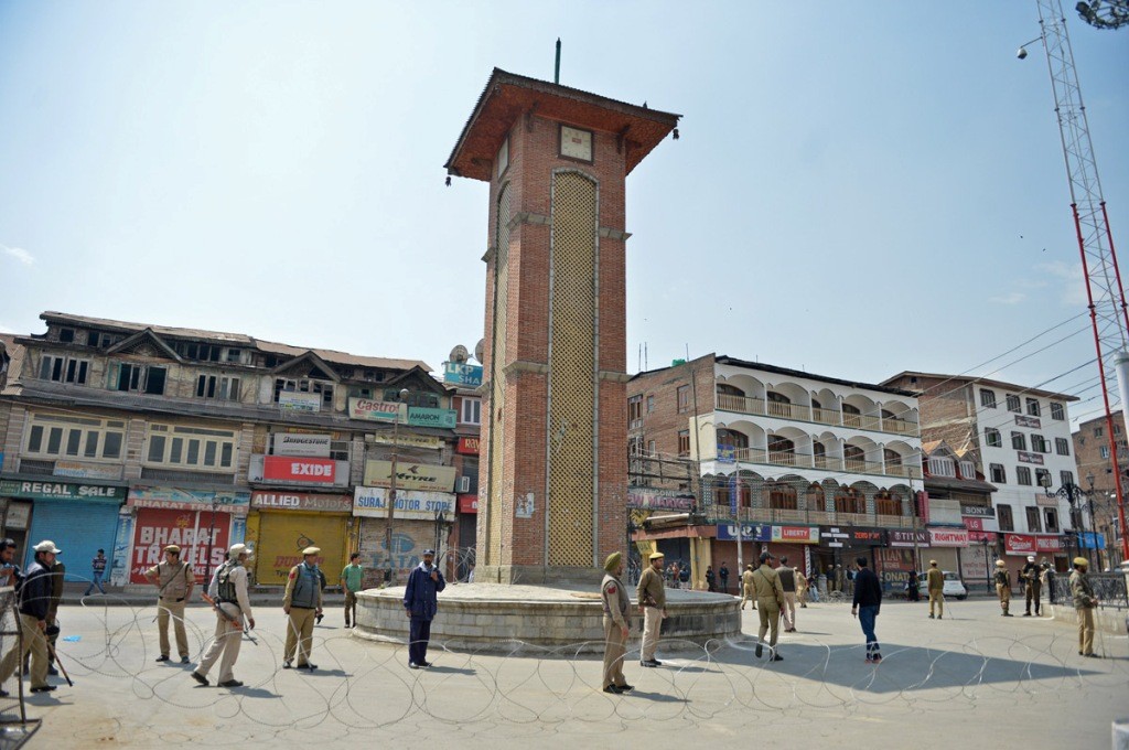 Contingents of Para-military force and Police on alert during curfew in Srinagar in the Indian Occupied Kashmir.