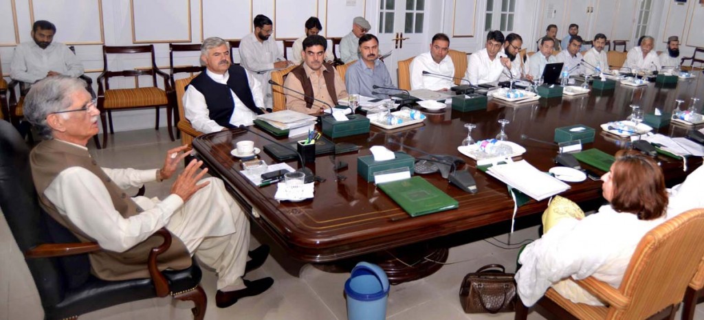 CM KP Pervez Khattak presiding over a meeting at CM Secretariat in Peshawar on Tuesday.
