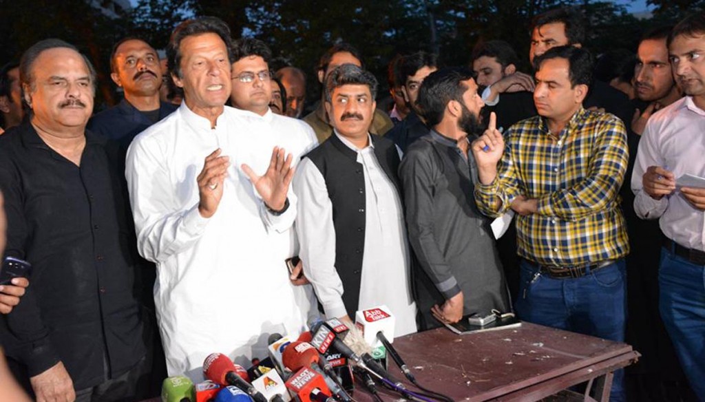 Chairman PTI Imran Khan talking to media in Islamabad on Monday. - DNA