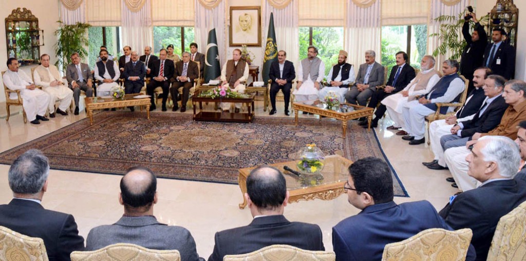 Prime Minister Muhammad Nawaz Sharif meeting members of the Federal Cabinet at PM House in Islamabad on Thursday. - DNA