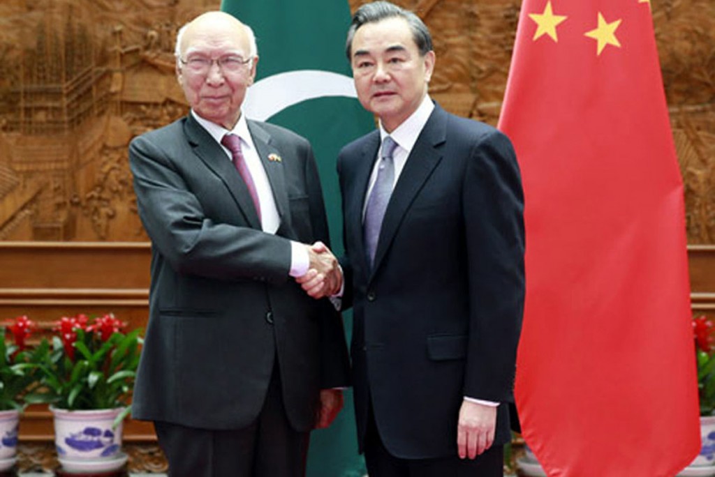 Advisor to PM on Foreign Affairs Sartaj Aziz meeting with Chinese Foreign Minister Wang Yi in Beijing on Wednesday.