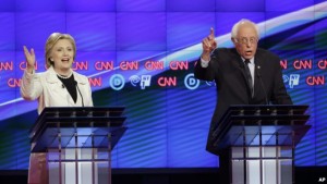 Democratic Presidential candidates Sen. Bernie Sanders, I-Vt., right, and Hillary Clinton speaking during Democratic Presidential Primary Debate at the Brooklyn Navy Yard.