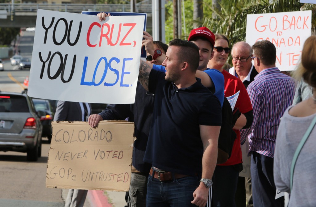  A group of political opponents is demonstrating outside rally site of Republican Presidential condidate Ted Cruz.-AFP 