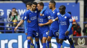 Football Soccer - Leicester City v Swansea City - Barclays Premier League - The King Power Stadium - 15/16 - 24/4/16 Riyad Mahrez celebrates with team mates after scoring the first goal for Leicester Reuters / Darren Staples EDITORIAL USE ONLY. No use with unauthorized audio, video, data, fixture lists, club/league logos or "live" services. Online in-match use limited to 45 images, no video emulation. No use in betting, games or single club/league/player publications.  Please contact your account representative for further details.