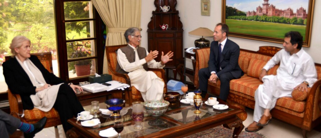 CM KP Pervez Khattak talking to British High Commissioner Thomas Drew who called on him at CM Secretariat in Peshawar on Tuesday.
